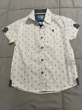 Eighty Eight White Short-Sleeve Button-Down with Navy Anchor Print